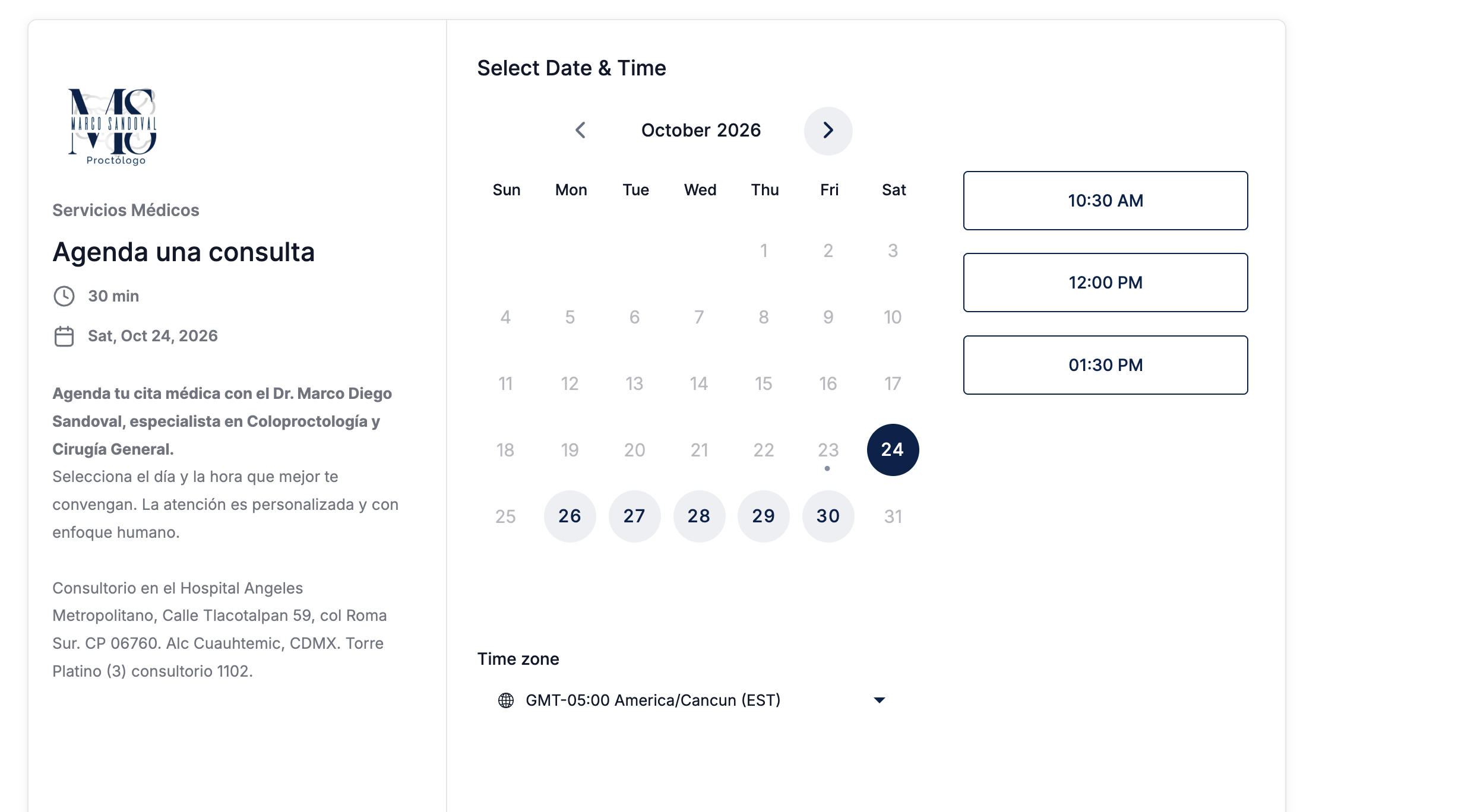 Calendario para agendar cita con el Dr. Sandoval